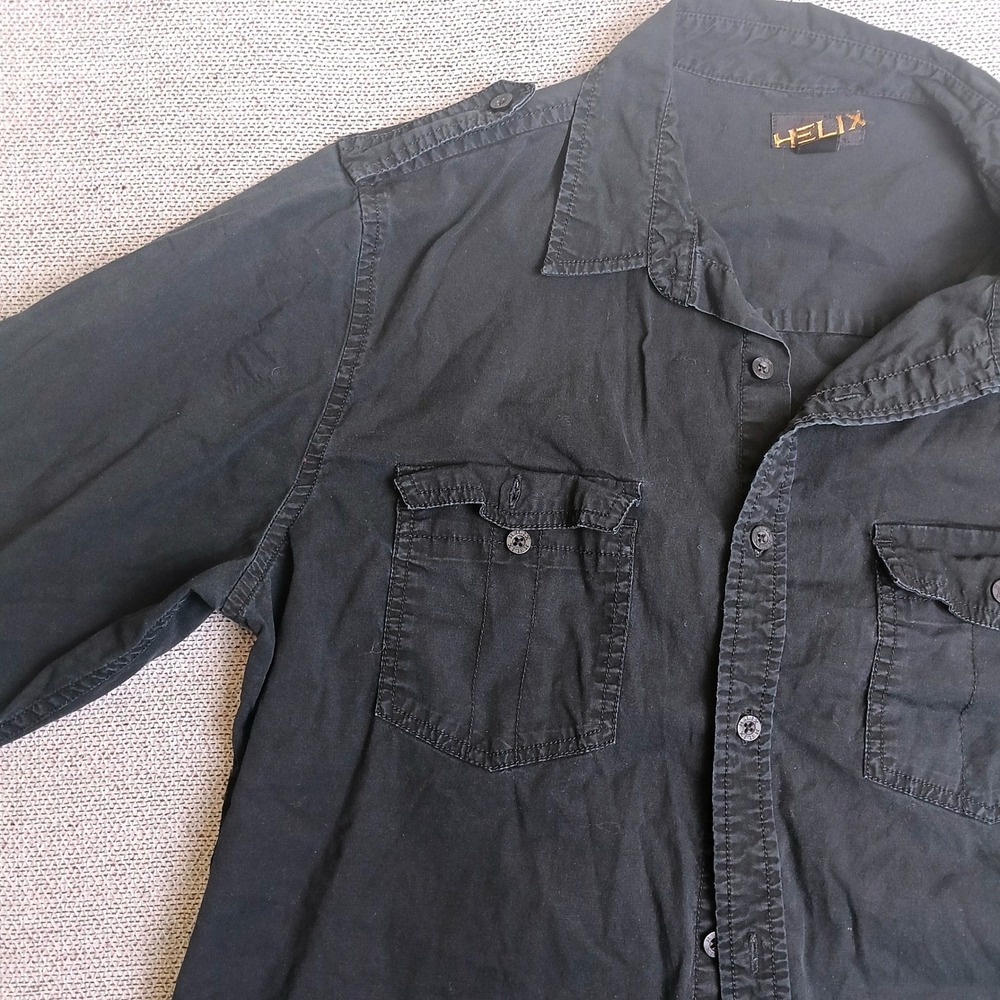 Helix Button Down Shirt Mens Large Black Excellent Military Epaulets Cotton